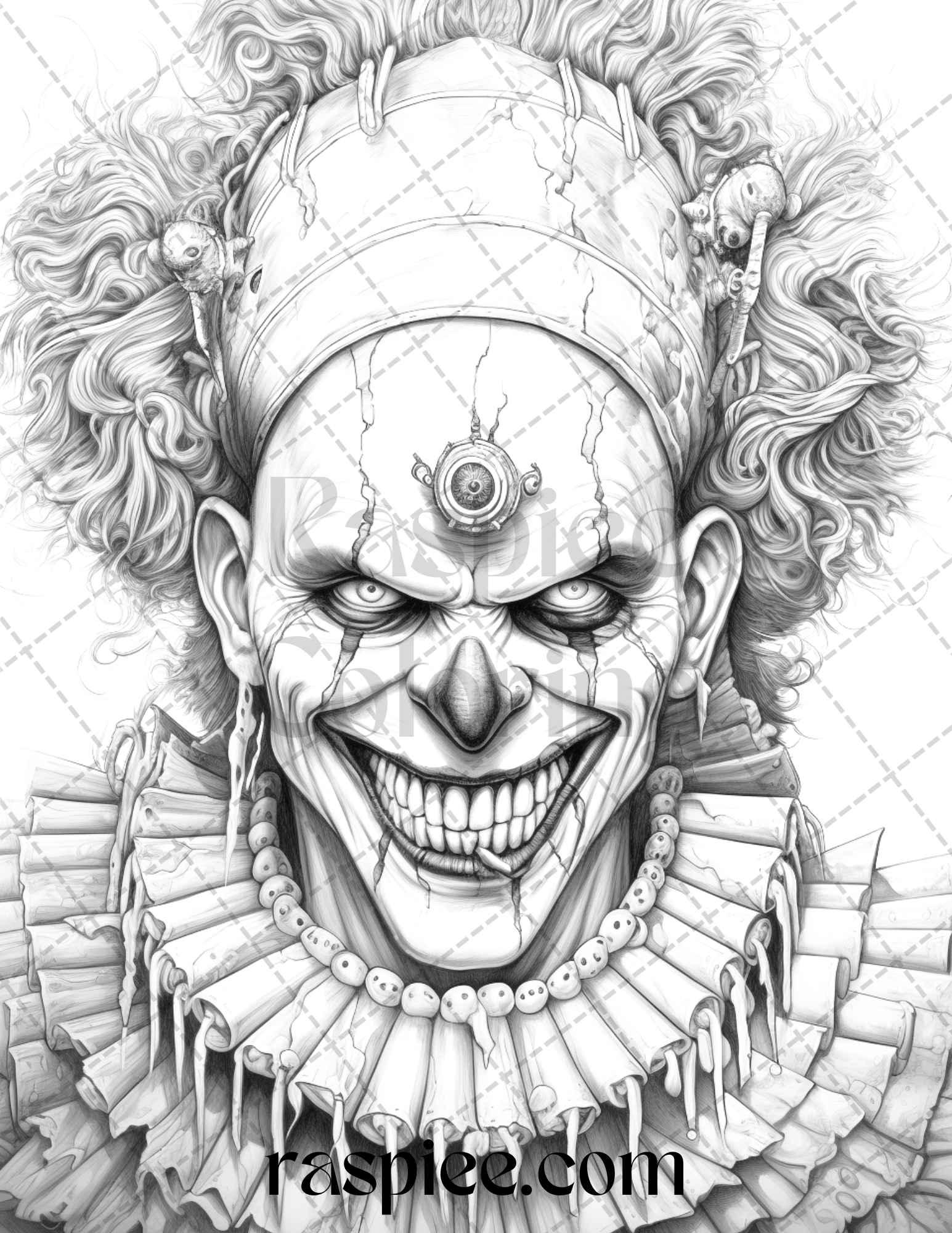 40 Spooky Clowns Grayscale Coloring Pages Printable for Adults, PDF File Instant Download