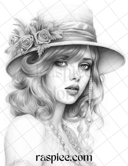 40 Beautiful Gatsby Girls Grayscale Coloring Pages Printable for Adults, PDF File Instant Download