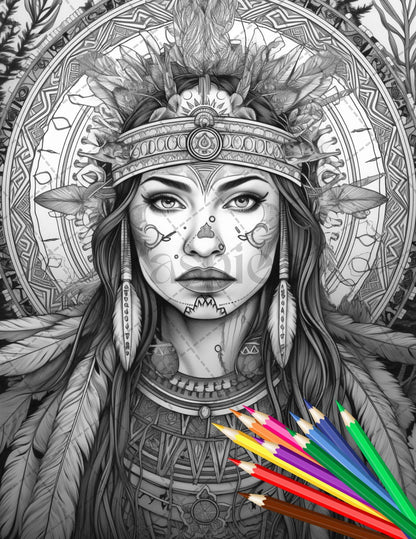 30 Native American Girls Printable Coloring Pages for Adult, Native American Culture Grayscale Coloring Book, Printable PDF File Download