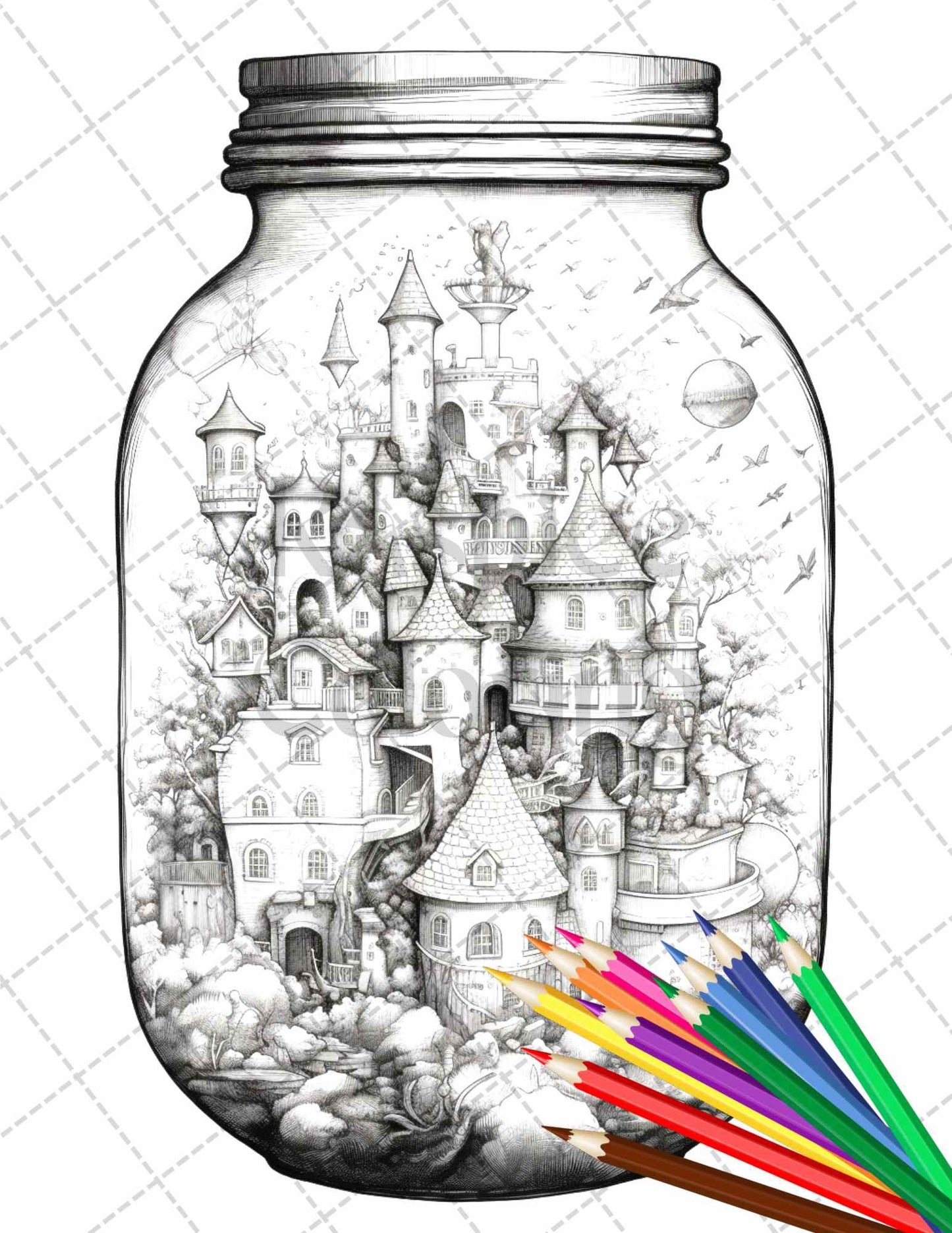 42 Fantasy Castle In Jar Grayscale Coloring Pages Printable for Adults, PDF File Instant Download