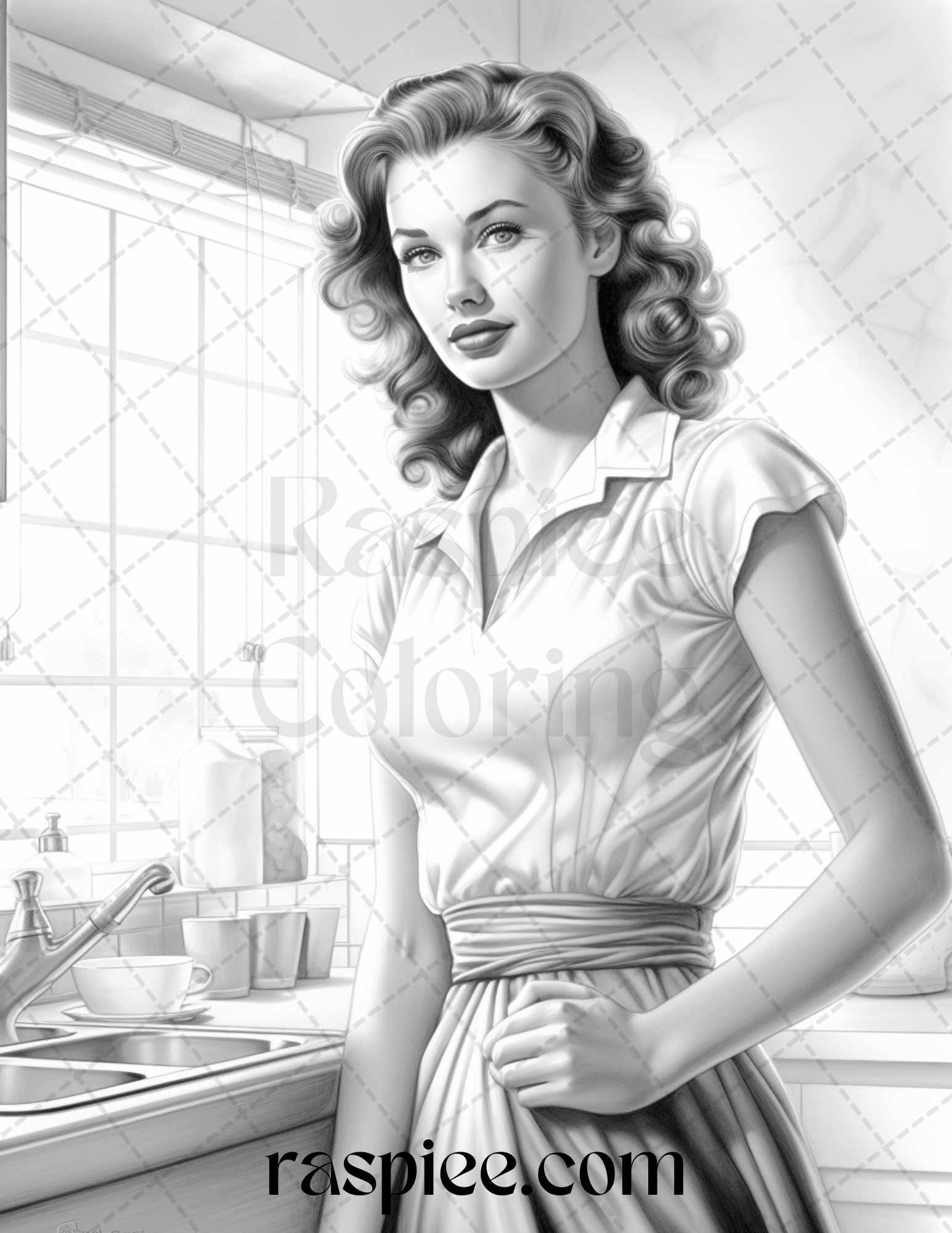 40 Retro Housewives Grayscale Coloring Pages for Adults, Printable PDF File Instant Download