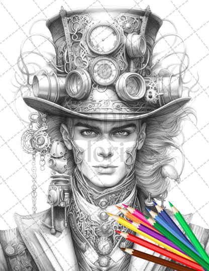 42 Steampunk Mens Grayscale Coloring Pages Printable for Adults, PDF File Instant Download