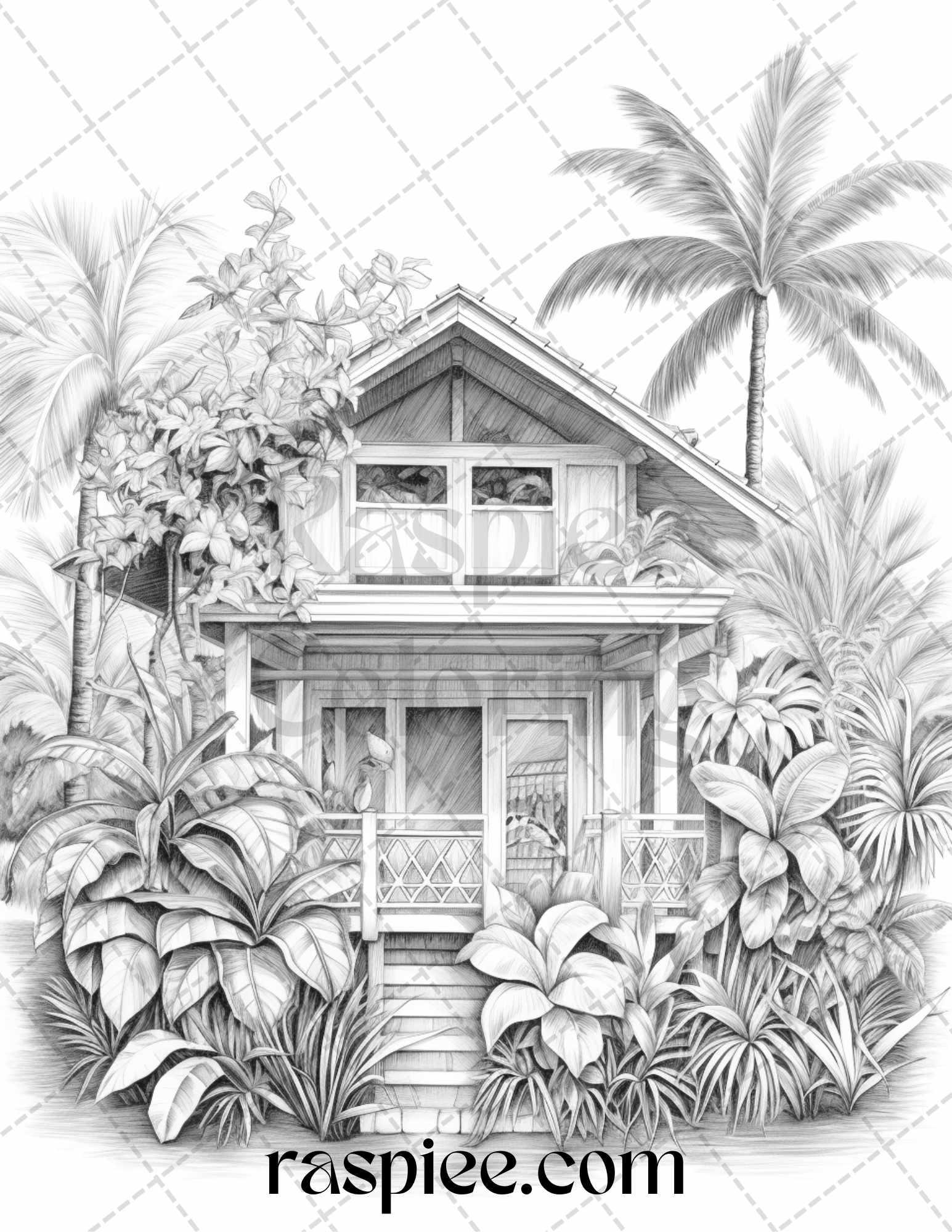 40 Hawaii Tiki Houses Grayscale Coloring Pages Printable for Adults, PDF File Instant Download