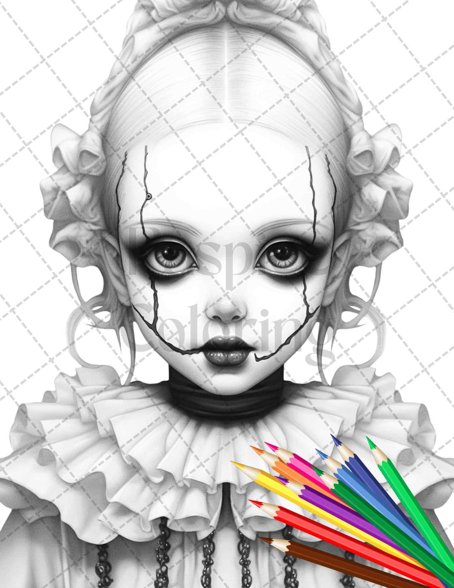 40 Creepy Porcelain Dolls Grayscale Coloring Pages for Adults, PDF File Instant Download