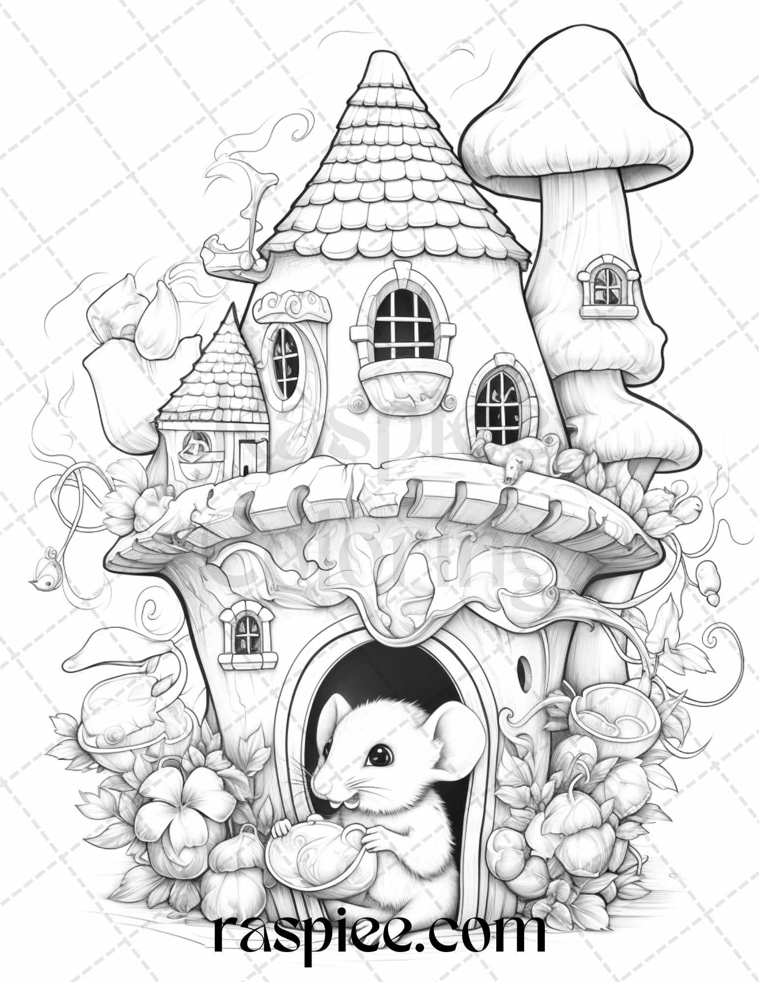 40 Magical Mouse Houses Grayscale Coloring Pages Printable for Adults, PDF File Instant Download