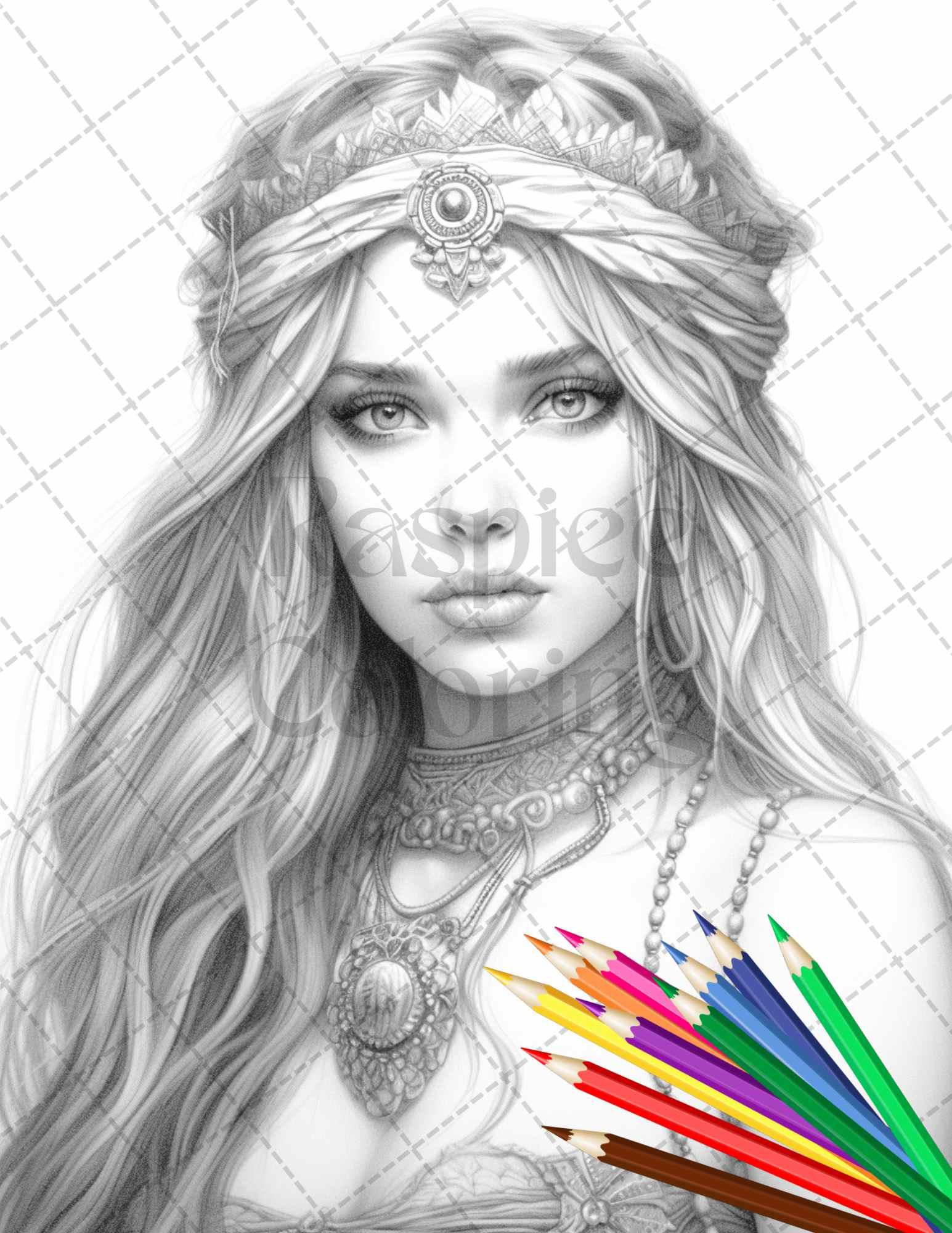 43 Beautiful Hippie Girls Grayscale Coloring Pages Printable for Adults, PDF File Instant Download