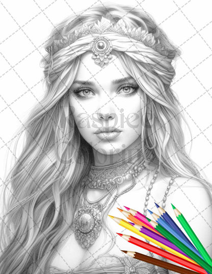 43 Beautiful Hippie Girls Grayscale Coloring Pages Printable for Adults, PDF File Instant Download