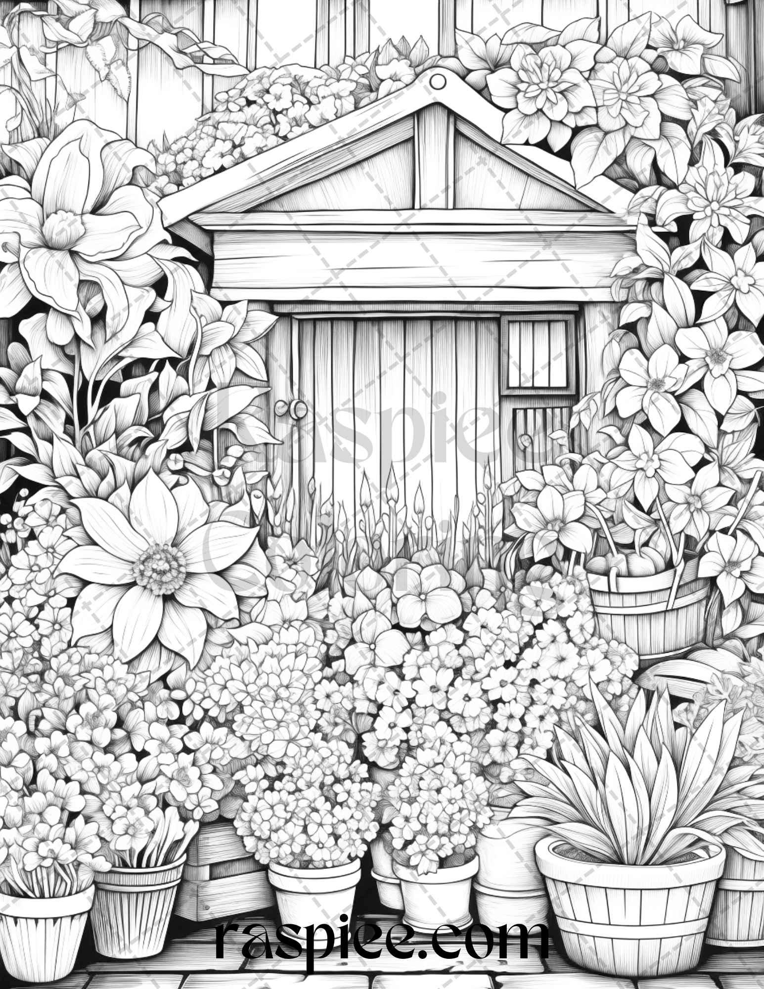 45 Flower Store Front Grayscale Coloring Pages Printable for Adults, PDF File Instant Download