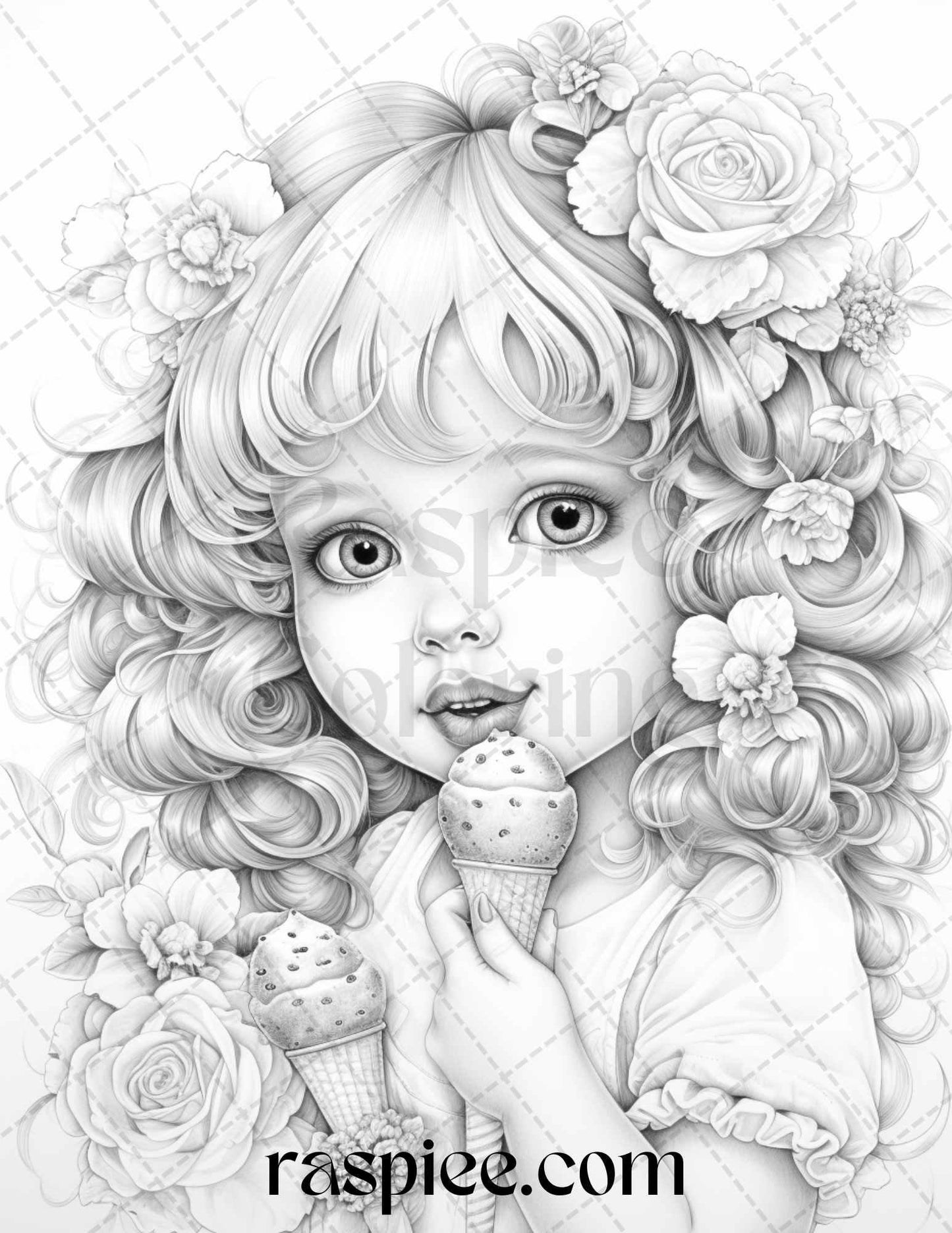 42 Adorable Girls with Ice Cream Grayscale Coloring Pages Printable for Adults Kids, PDF File Instant Download