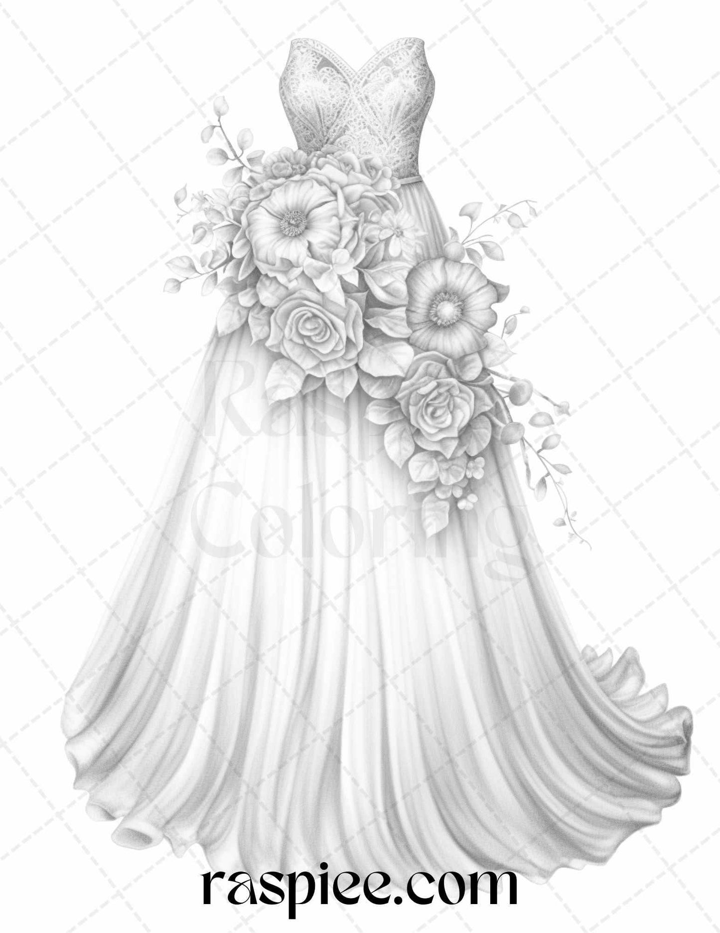 40 Elegant Floral Wedding Dresses Grayscale Coloring Pages Printable for Adults, PDF File Instant Download