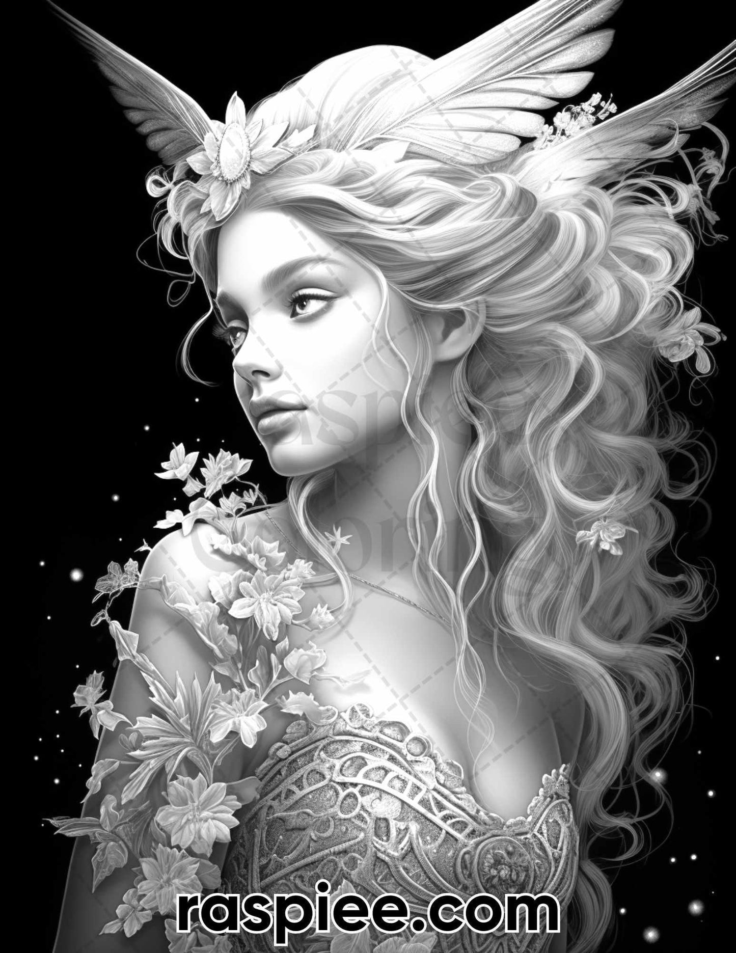 50 Starlight Fairy Grayscale Coloring Pages for Adults, Printable PDF File Instant Download