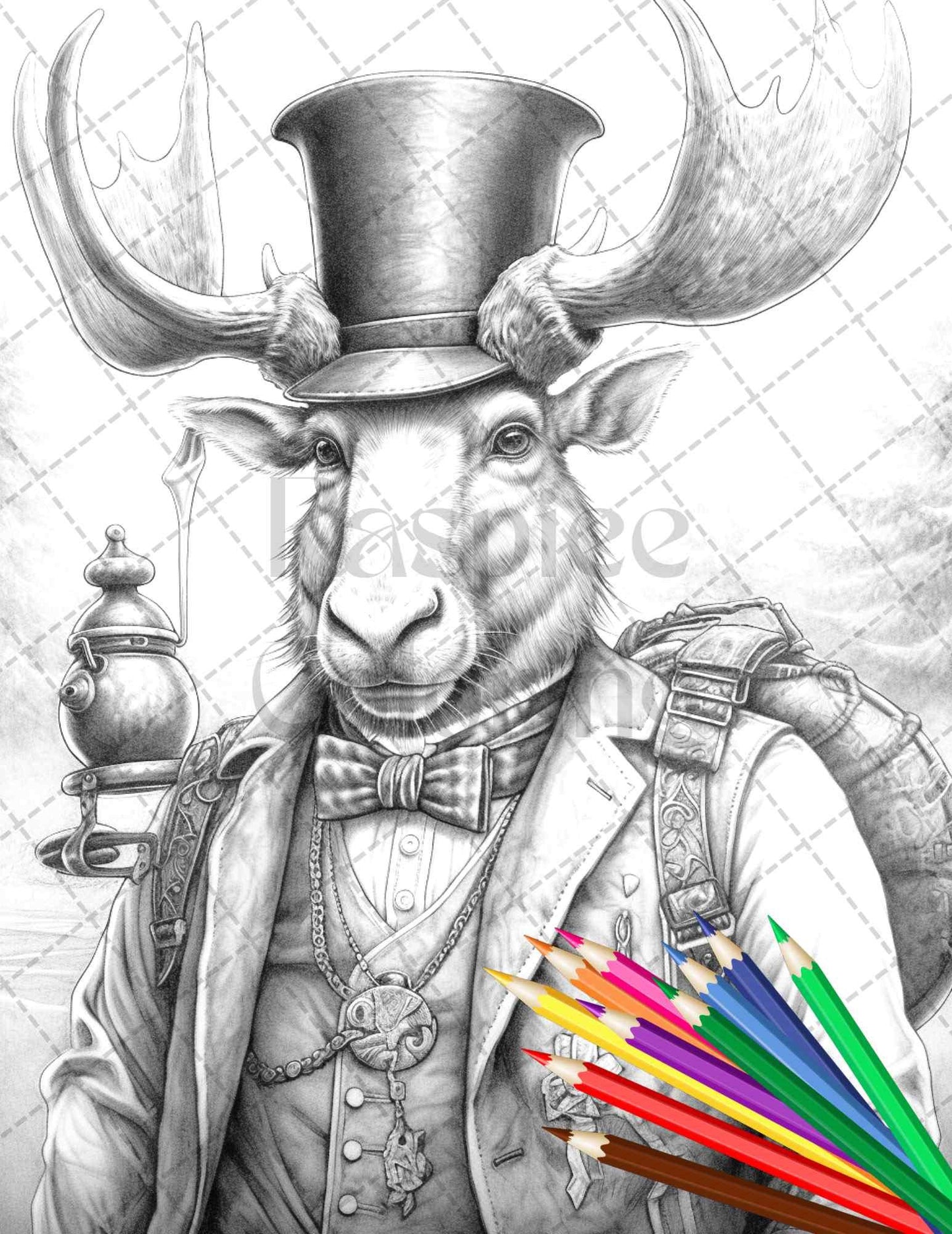 45 Steampunk Animals Grayscale Coloring Pages Printable for Adults Vol. 2, PDF File Instant Download