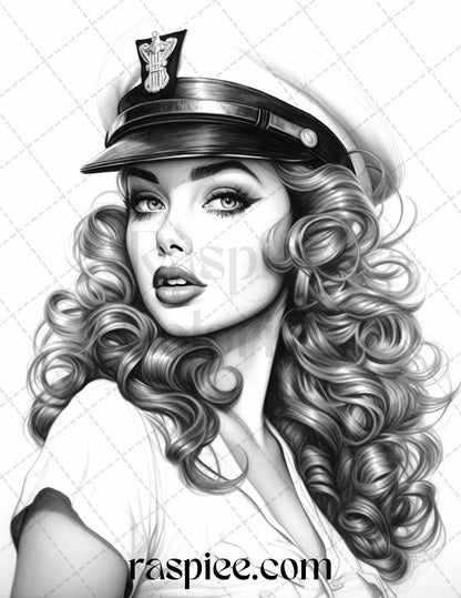 40 Sailor Pin Up Girls Grayscale Coloring Pages Printable for Adults, PDF File Instant Download