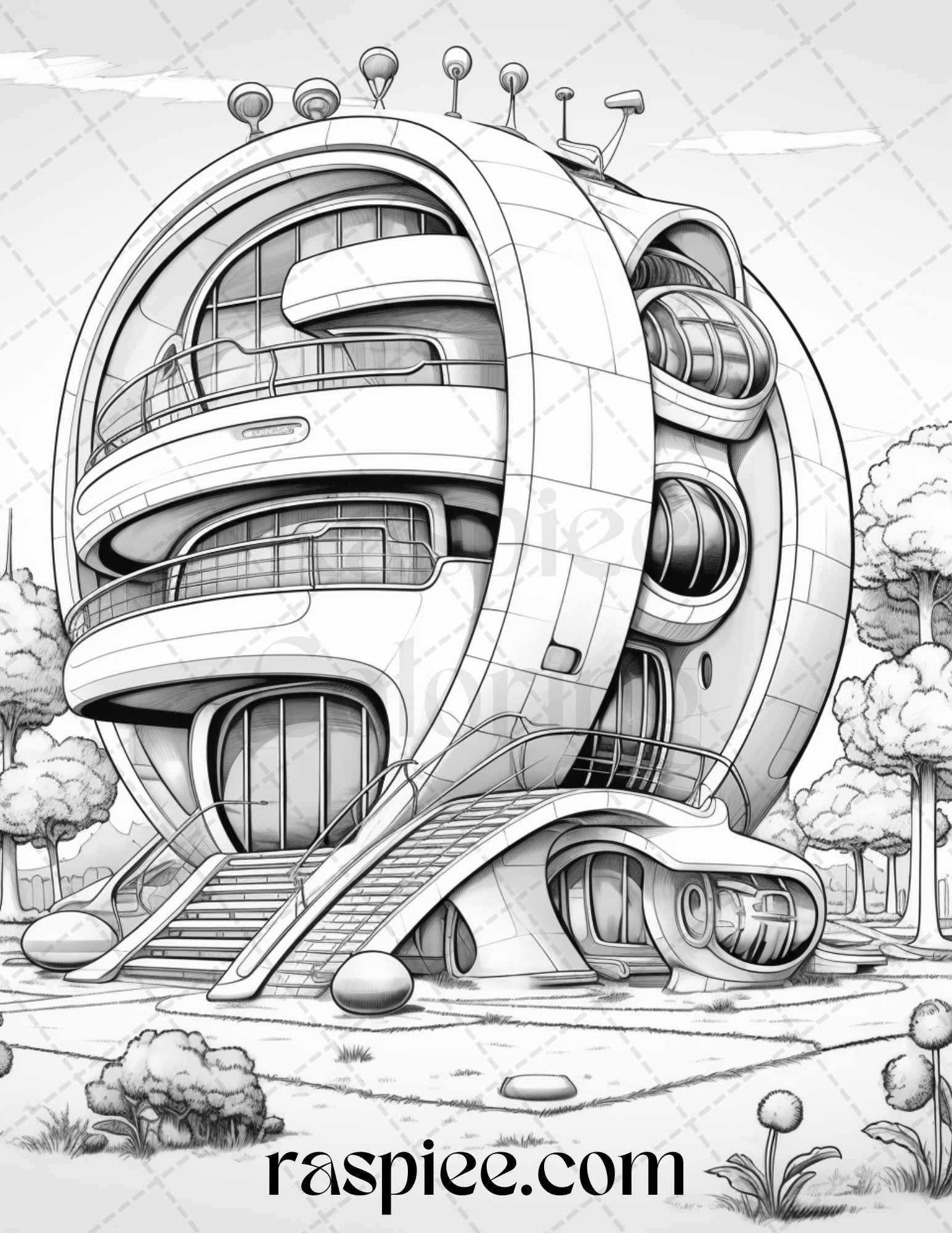 43 Futuristic Houses Grayscale Coloring Pages Printable for Adults, PDF File Instant Download