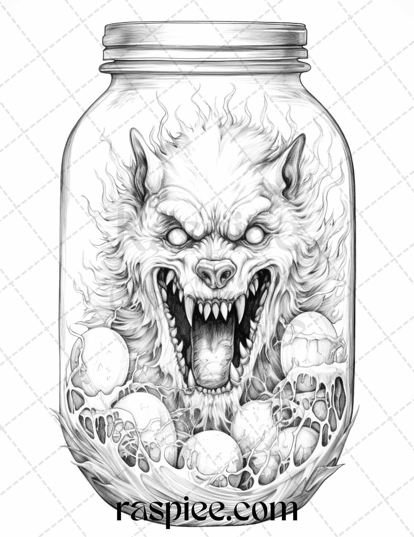 40 Halloween in Jar Grayscale Coloring Pages for Adults, Printable PDF File Instant Download