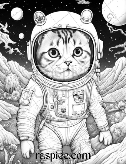 40 Cat Astronaut Grayscale Coloring Pages Printable for Adults Kids, PDF File Instant Download