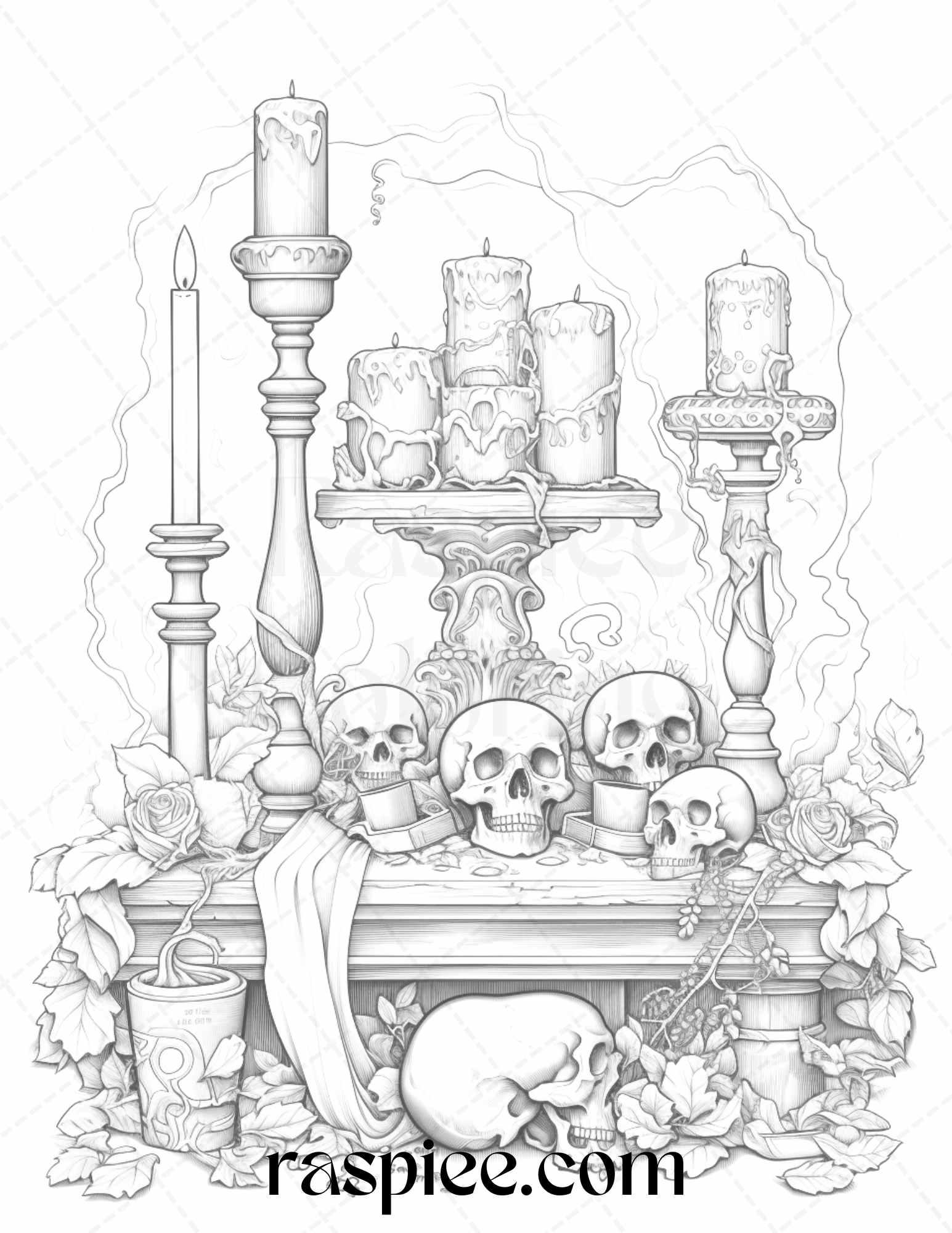 40 Witchy Land Grayscale Coloring Pages Printable for Adults, PDF File Instant Download