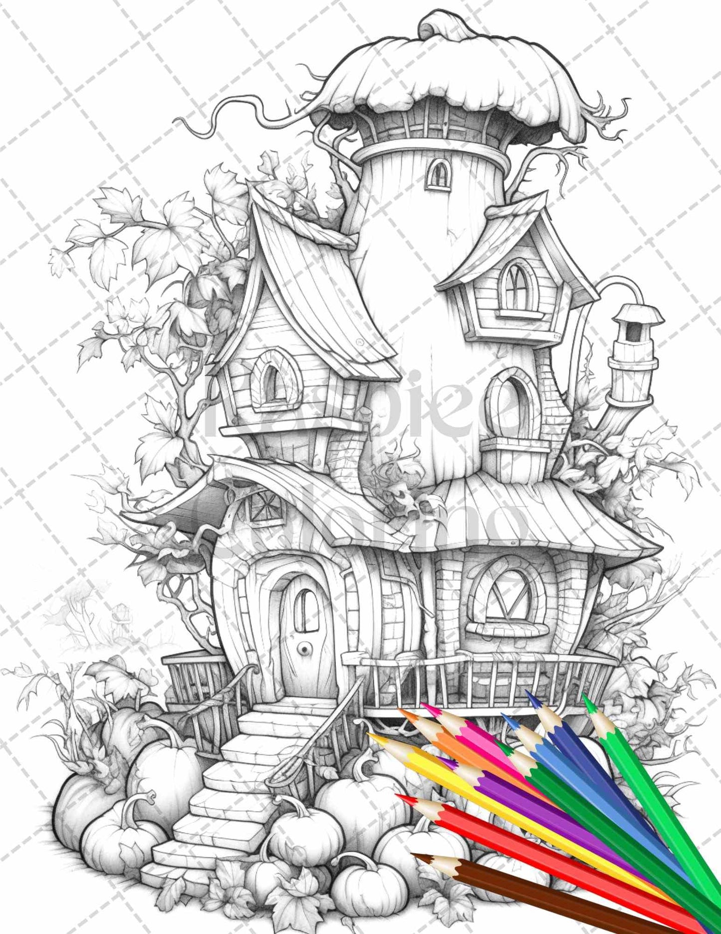 40 Pumpkin Fairy Houses Grayscale Coloring Pages Printable for Adults, PDF File Instant Download