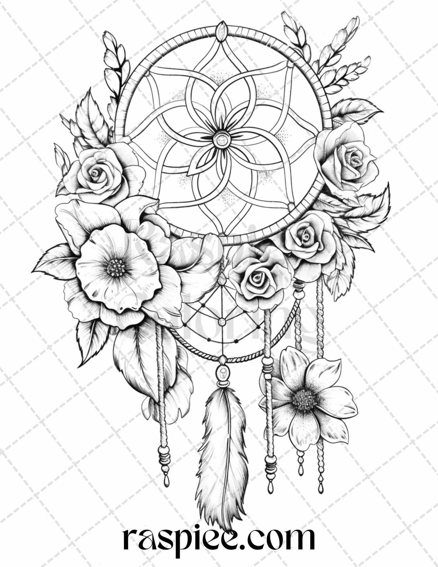 30 Flower Dreamcatcher Grayscale Coloring Pages Printable for Adults, PDF File Instant Download