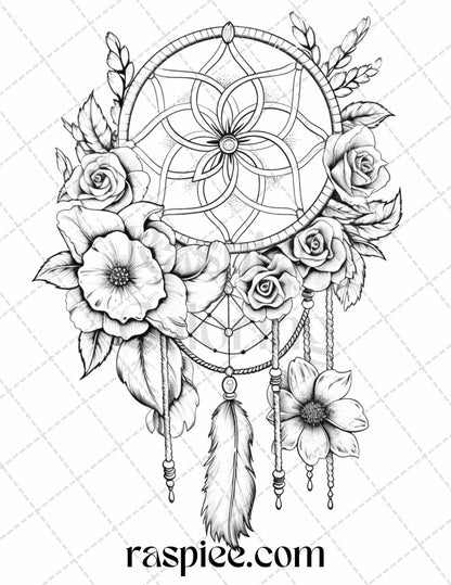 30 Flower Dreamcatcher Grayscale Coloring Pages Printable for Adults, PDF File Instant Download