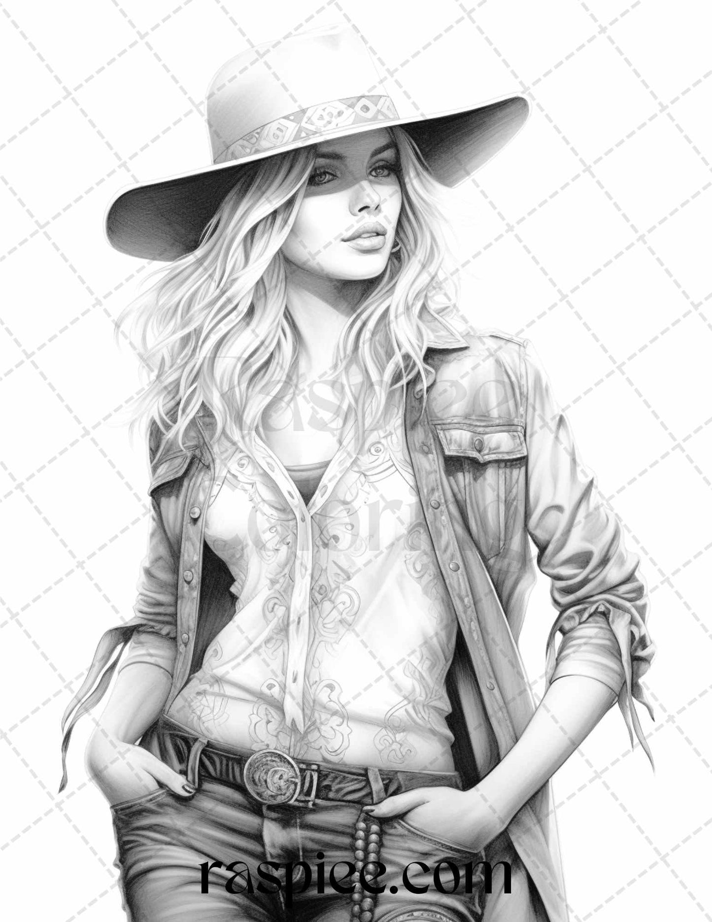 40 Beautiful Cowgirls Grayscale Coloring Pages Printable for Adults, PDF File Instant Download