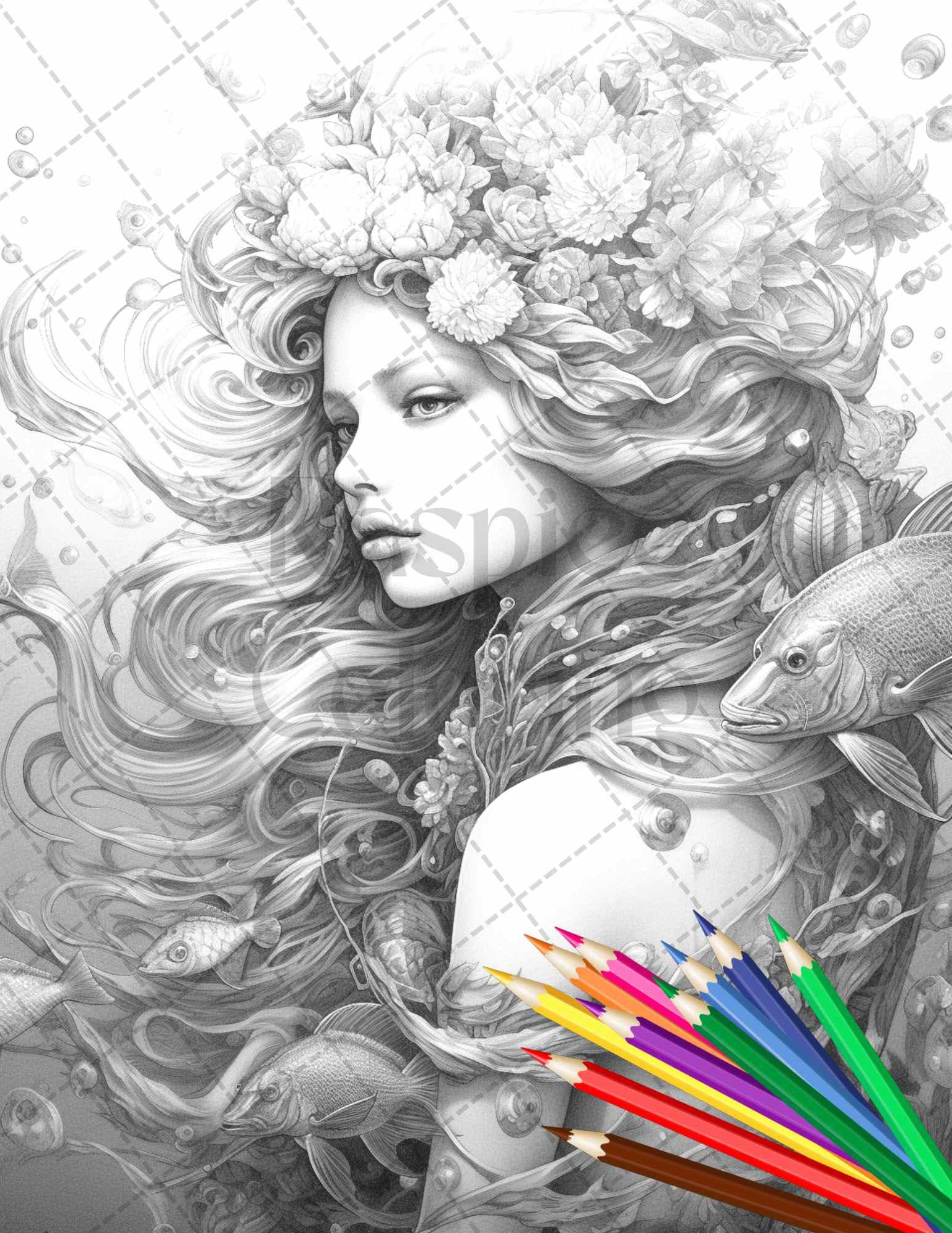 40 Enchanted Mermaid Grayscale Coloring Pages Printable for Adults, PDF File Instant Download