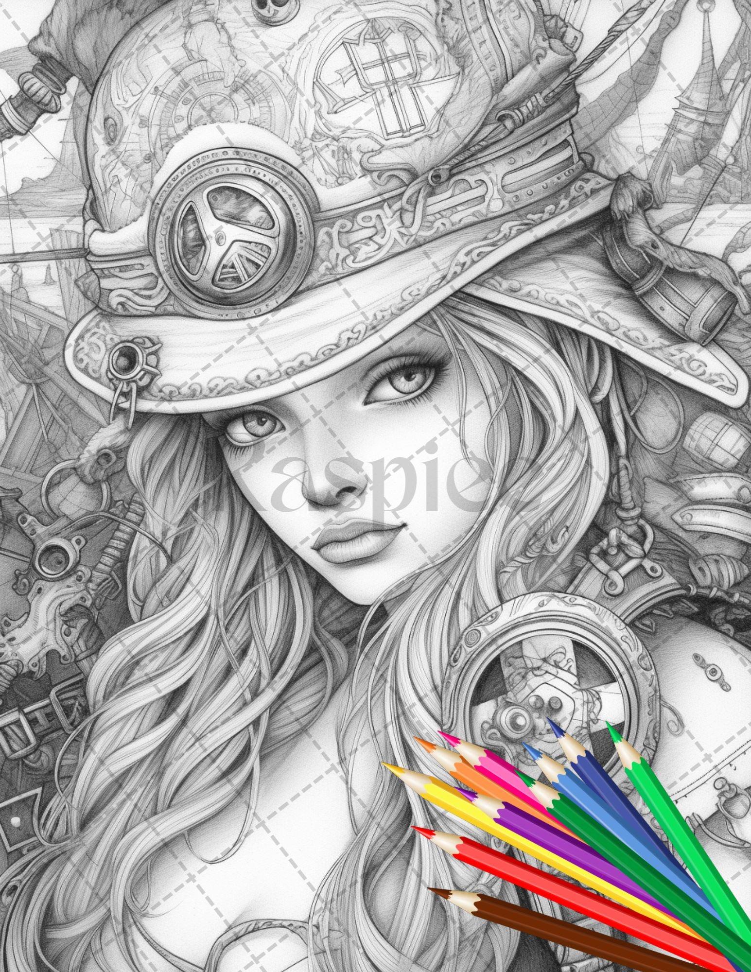 48 Beautiful Pirate Princess Coloring Book Printable for Adults, Grayscale Coloring Page, PDF File Instant Download