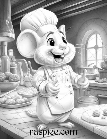 45 Mouse Chef Grayscale Coloring Pages Printable for Adults, PDF File Instant Download