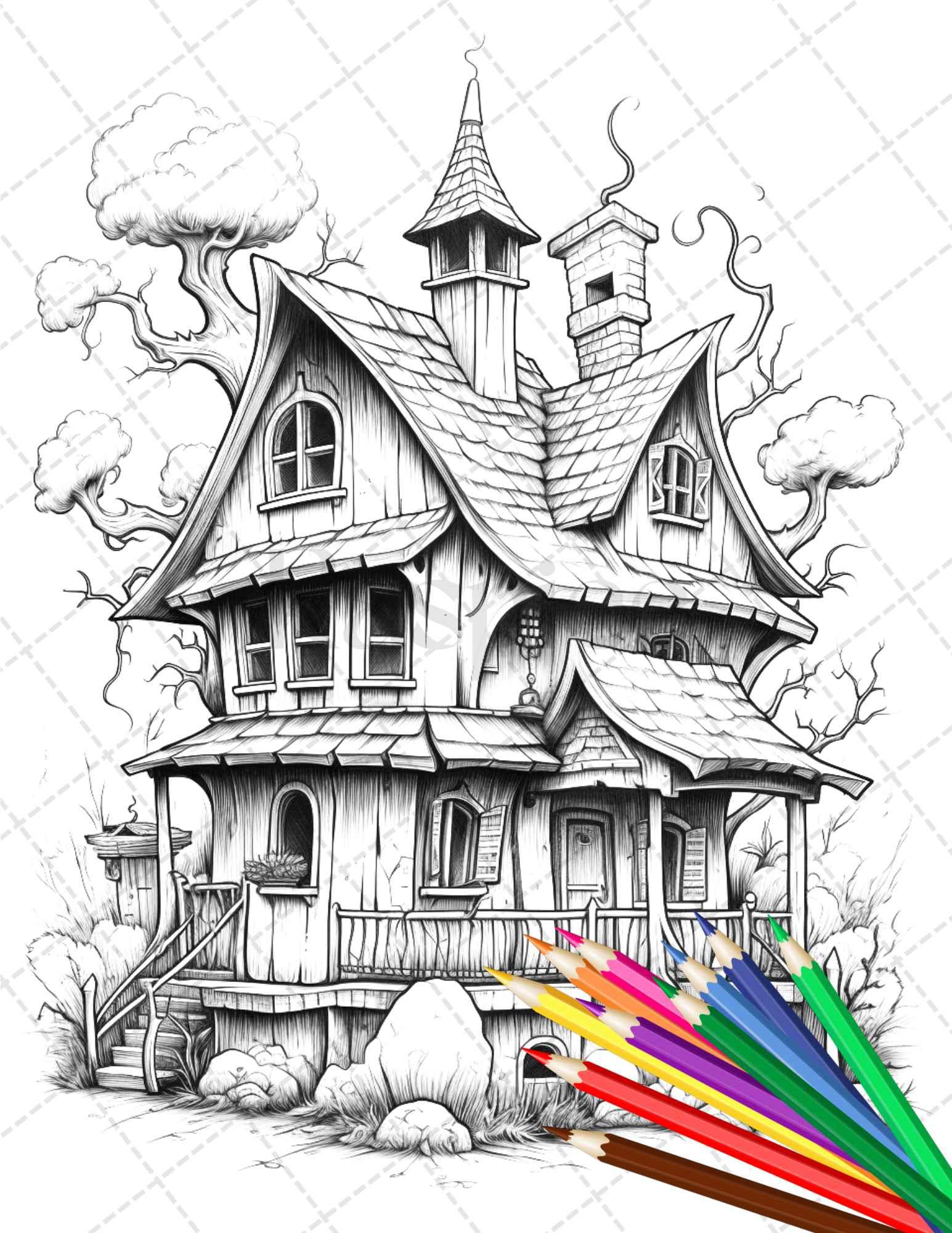 32 Spooky Houses Coloring Pages Printable for Adults, Grayscale Coloring Page, PDF File Instant Download