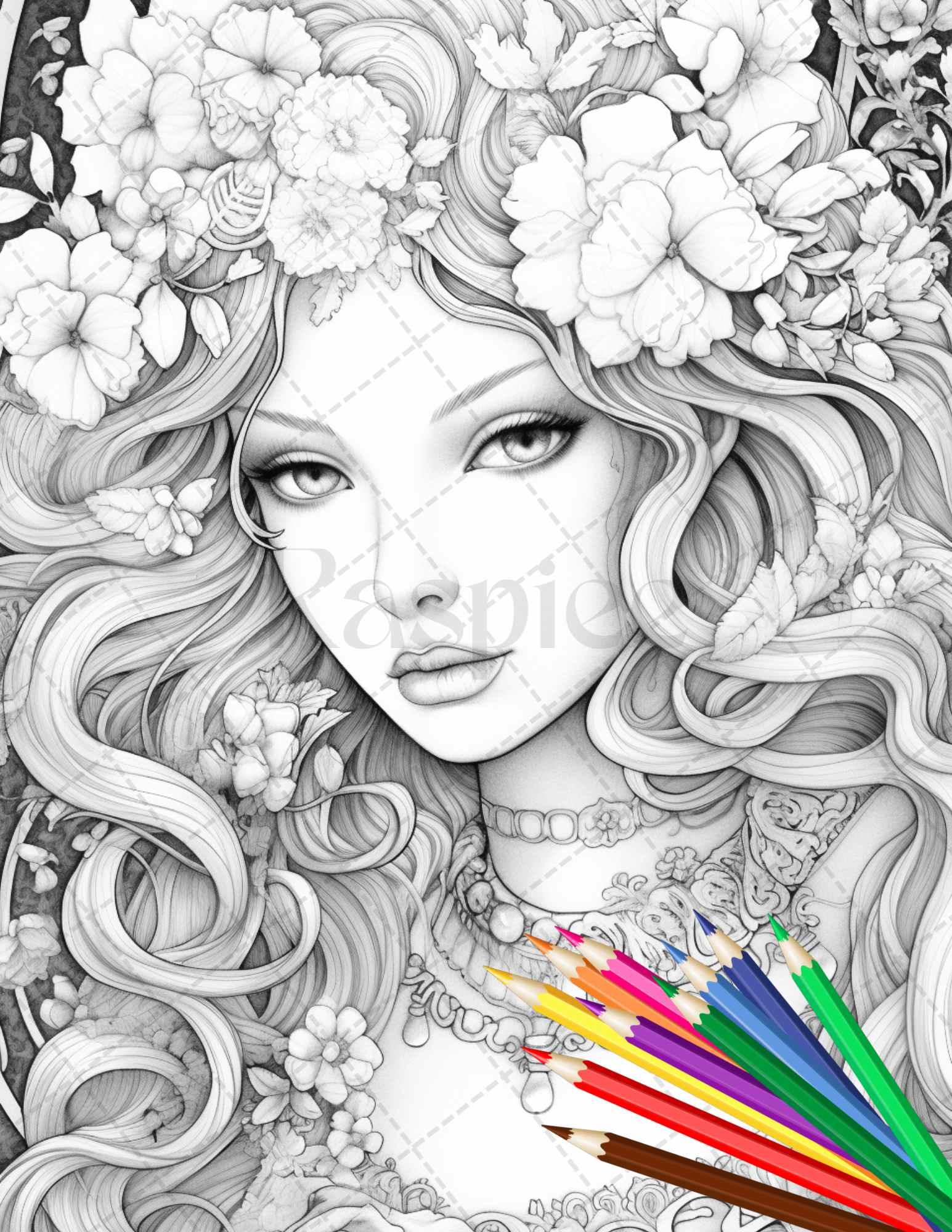 38 Flower Goddess Coloring Pages Printable for Adults, Grayscale Coloring Page, PDF File Instant Download