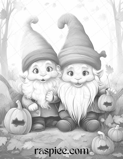 40 Fall Gnomes Grayscale Coloring Pages Printable for Adults Kids, PDF File Instant Download