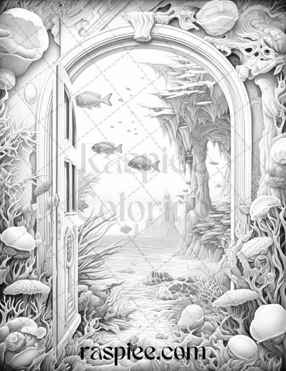 40 Window to Fantasy Worlds Grayscale Coloring Pages Printable for Adults, PDF File Instant Download