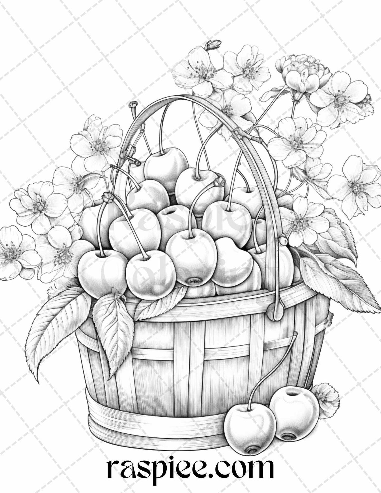 40 Fruit Basket Grayscale Coloring Pages Printable for Adults, PDF File Instant Download