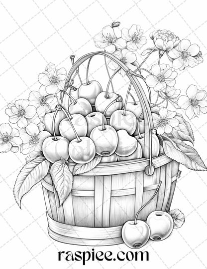 40 Fruit Basket Grayscale Coloring Pages Printable for Adults, PDF File Instant Download