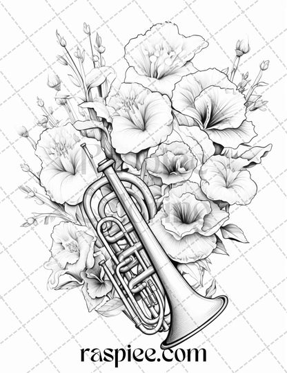 30 Musical Instrument Flower Grayscale Coloring Pages Printable for Adults, PDF File Instant Download