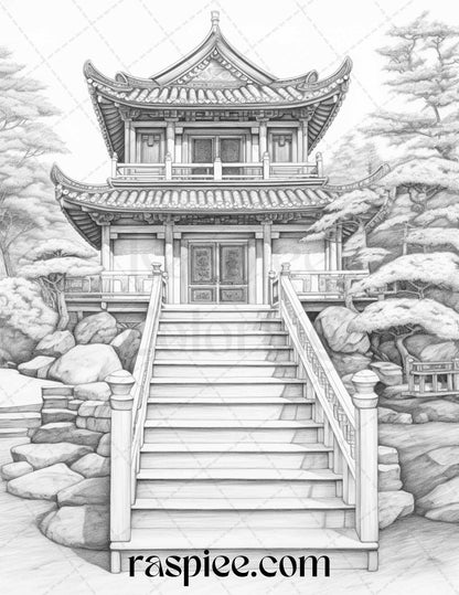 40 Traditional Chinese Houses Grayscale Coloring Pages Printable for Adults, PDF File Instant Download