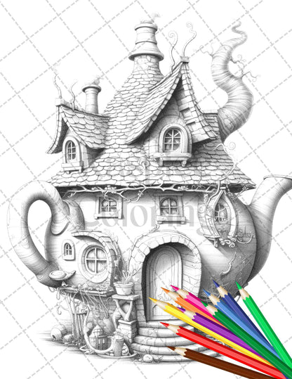 40 Teapot Fairy Houses Grayscale Coloring Pages Printable for Adults, PDF File Instant Download