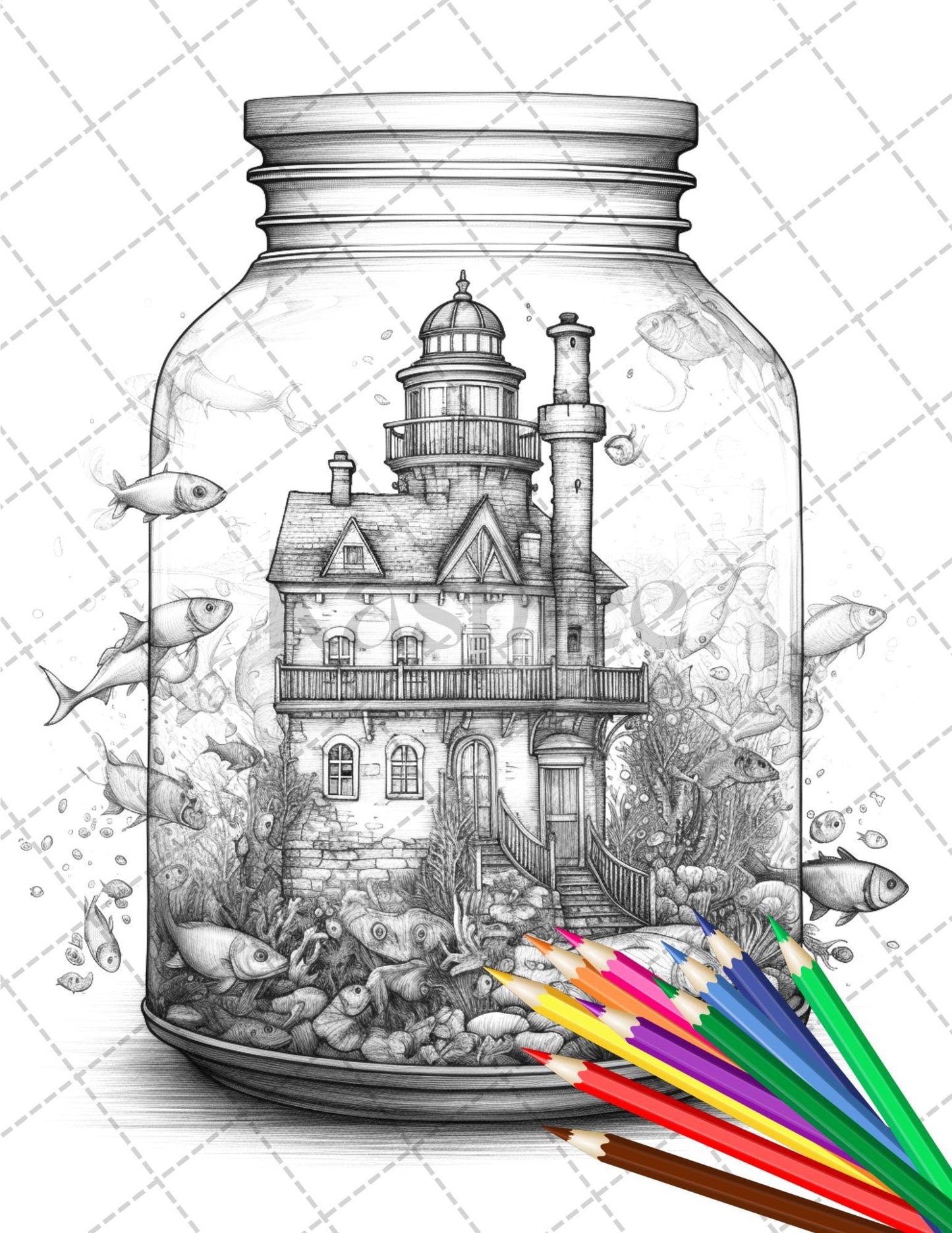 34 Fishtank Houses Coloring Book for Adults, Grayscale Coloring Page, Printable PDF Instant Download