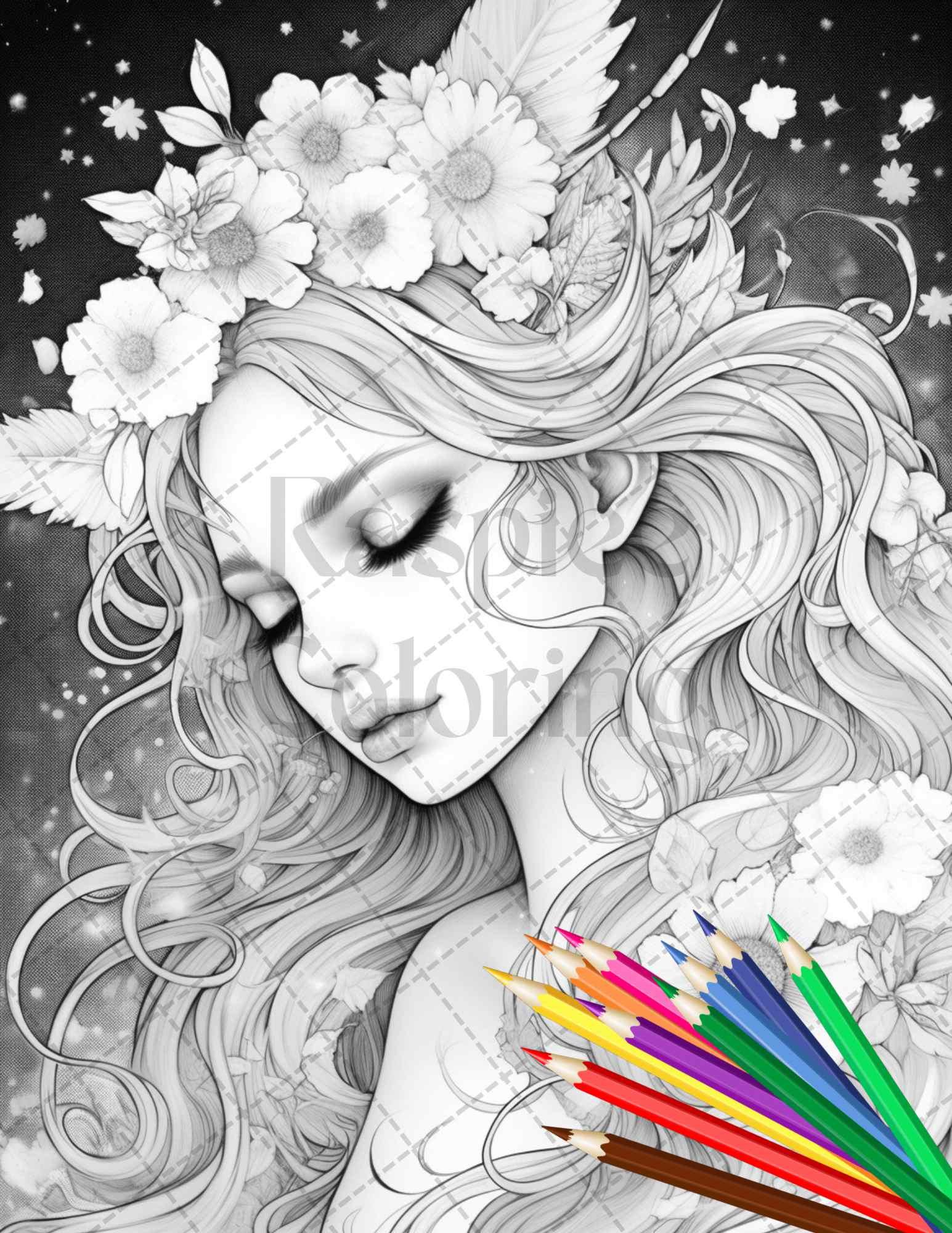 34 Beautiful Moon Fairies Grayscale Coloring Pages Printable for Adults, PDF File Instant Download