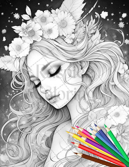 34 Beautiful Moon Fairies Grayscale Coloring Pages Printable for Adults, PDF File Instant Download