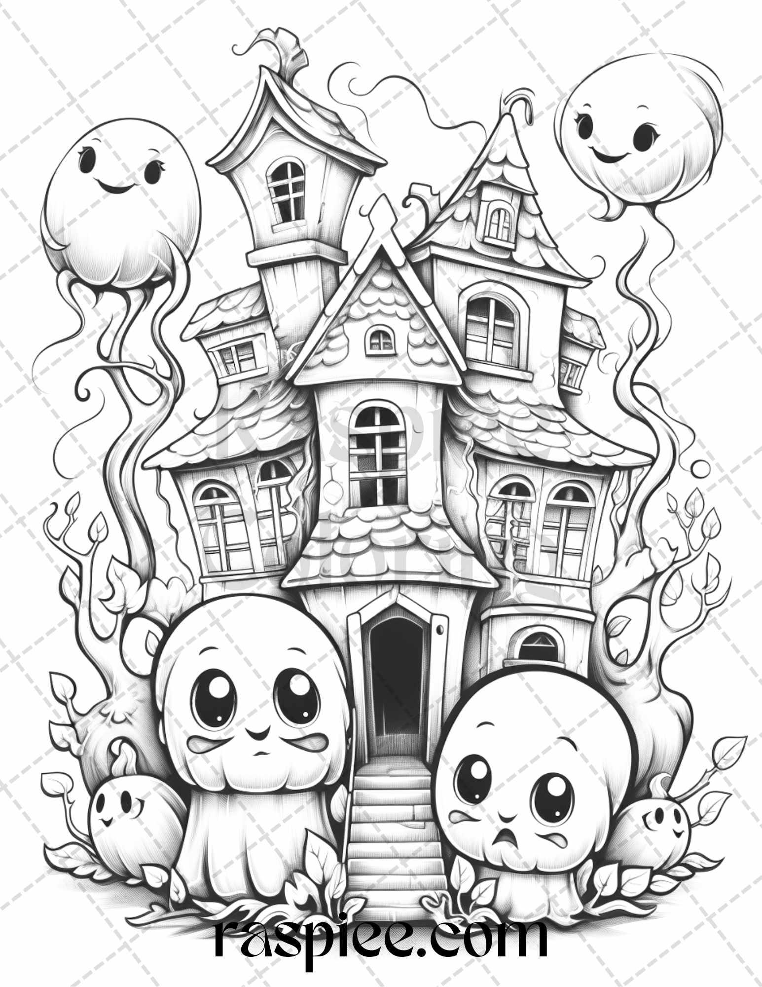 40 Halloween Creepy Kawaii Grayscale Coloring Pages for Adults and Kids, Printable PDF File Instant Download