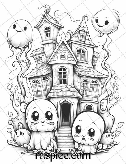 40 Halloween Creepy Kawaii Grayscale Coloring Pages for Adults and Kids, Printable PDF File Instant Download