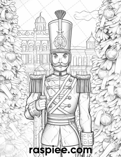 40 Christmas Nutcrackers Grayscale Coloring Pages for Adults, Printable PDF File Instant Download