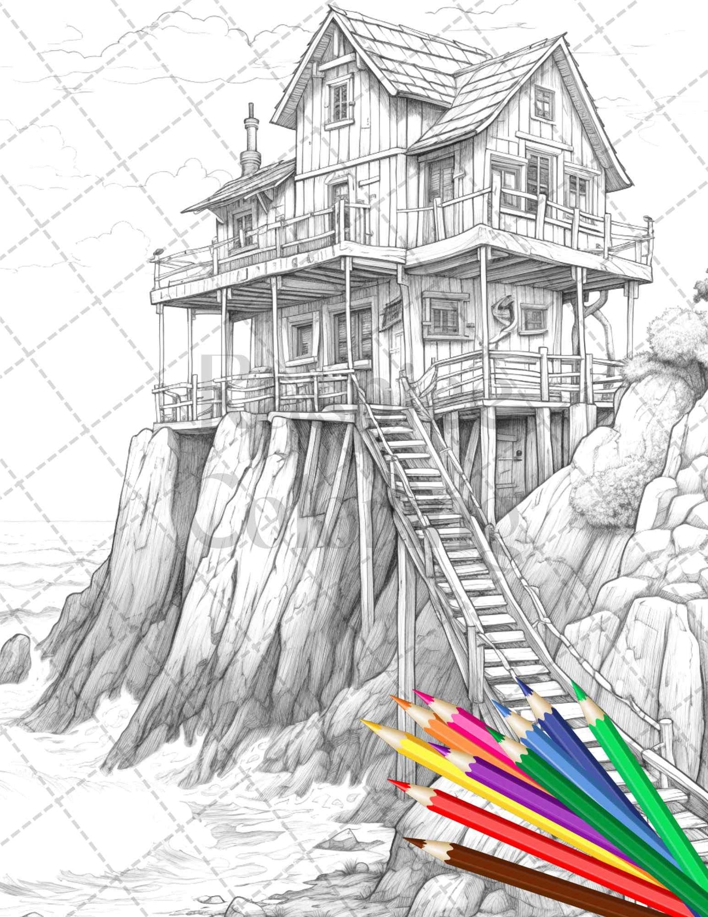 42 Wooden Beach Houses Grayscale Coloring Pages Printable for Adults, PDF File Instant Download