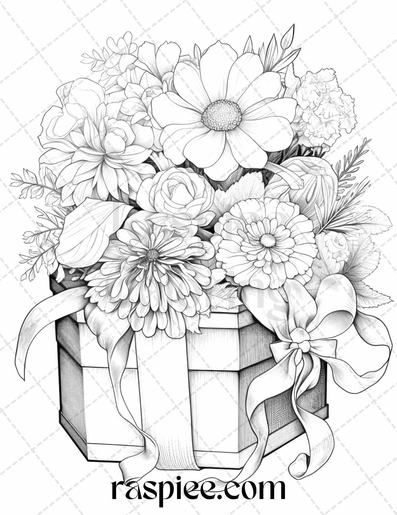 40 Flower Gift Box Grayscale Coloring Pages Printable for Adults Kids, PDF File Instant Download