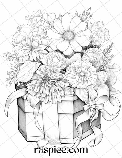 40 Flower Gift Box Grayscale Coloring Pages Printable for Adults Kids, PDF File Instant Download