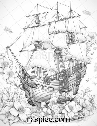 44 Flower Ships Graysale Coloring Pages Printable for Adults, PDF File Instant Download