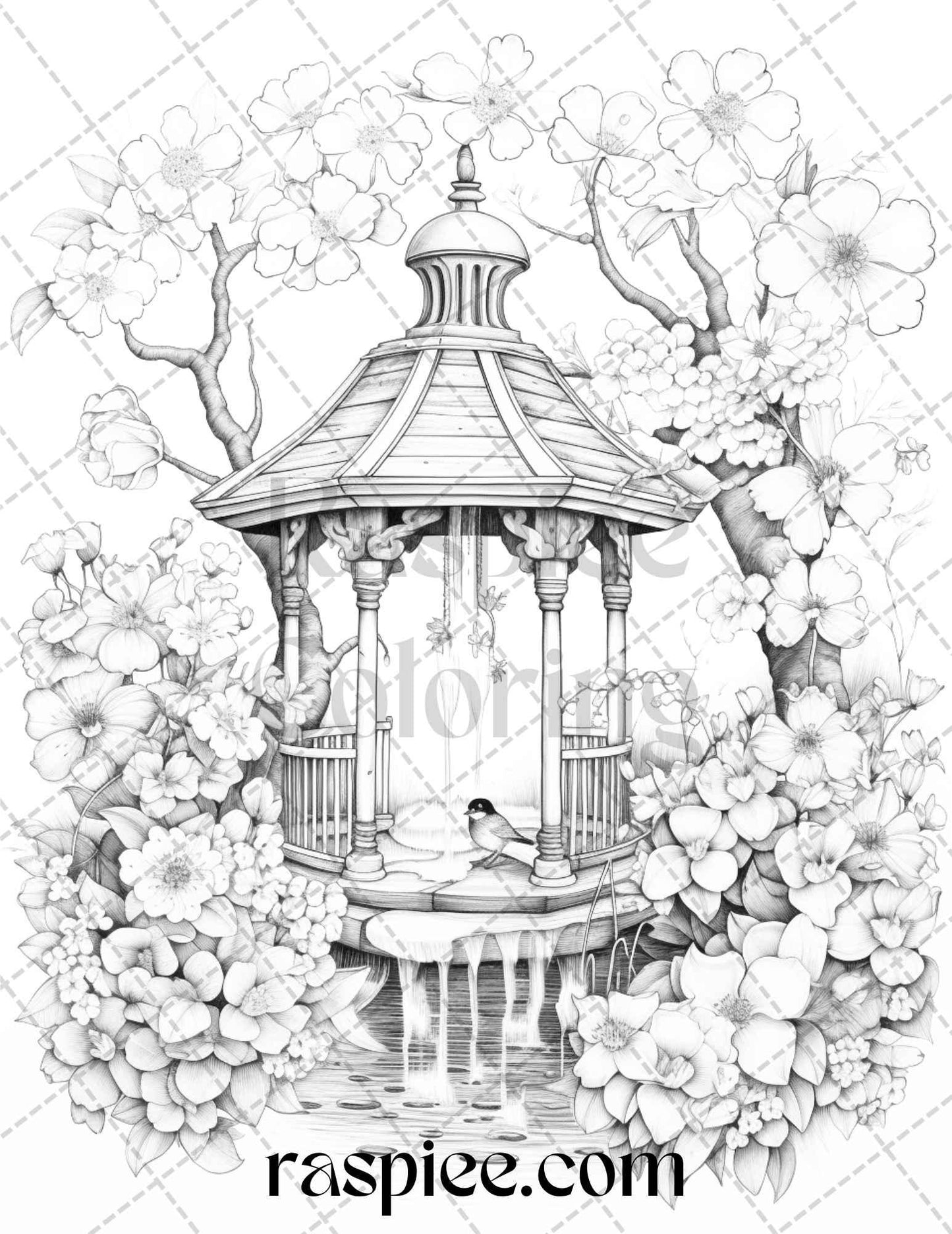 40 Whimsical Wishing Wells Grayscale Coloring Pages Printable for Adults, PDF File Instant Download