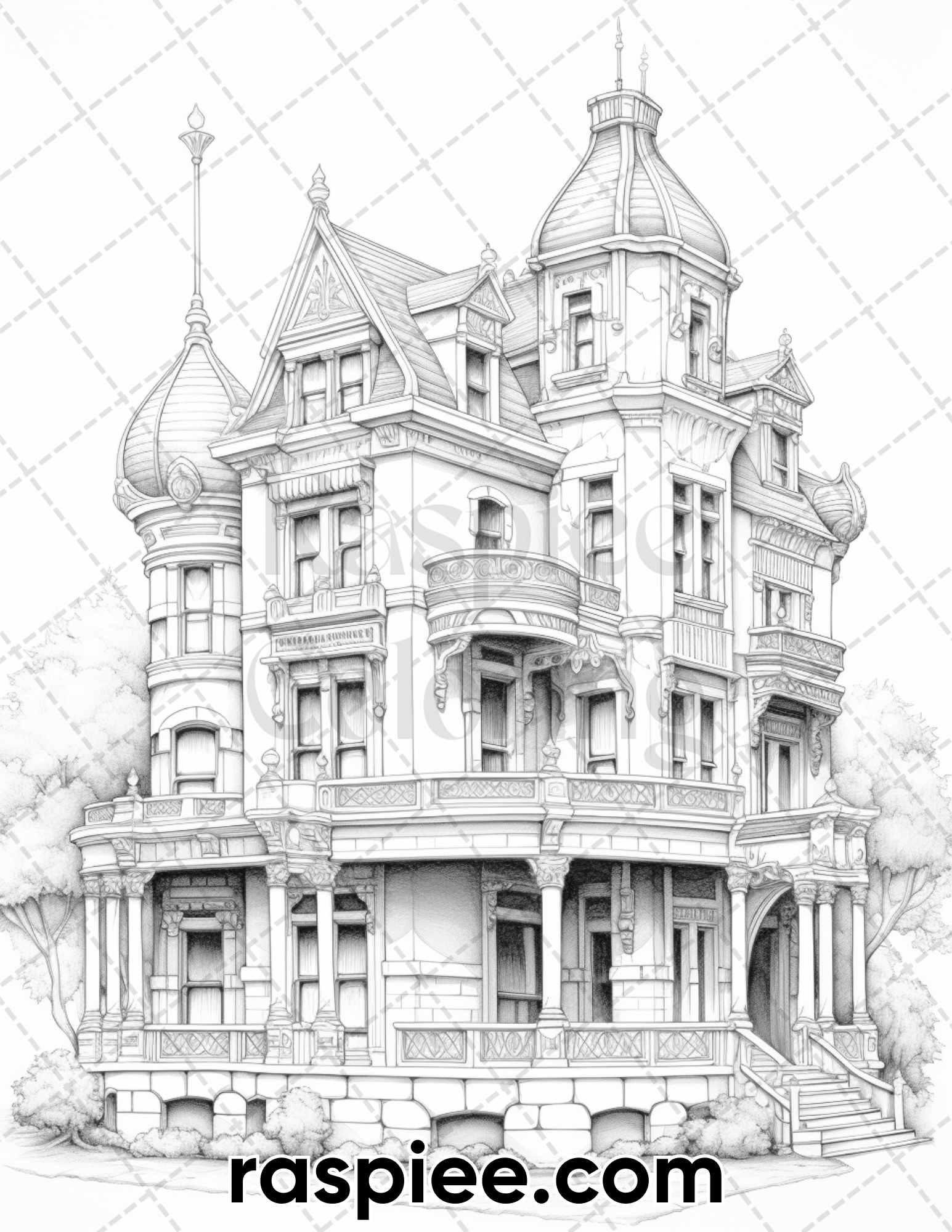 40 Victorian Mansions Grayscale Coloring Pages for Adults, Printable PDF Instant Download