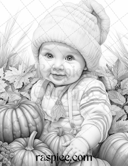 40 Pumpkin Babies Grayscale Coloring Pages for Adults and Kids, Printable PDF File Instant Download